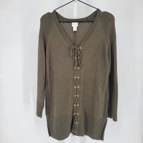 Chicos Womens Green Grape Leaf Lace-up Lea Pullover Long Sleeve Sweater Sz 1 (M) - Picture 1 of 4